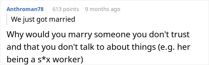 Screenshot of a forum comment discussing trust issues related to a wife faking transaction to hide income source.