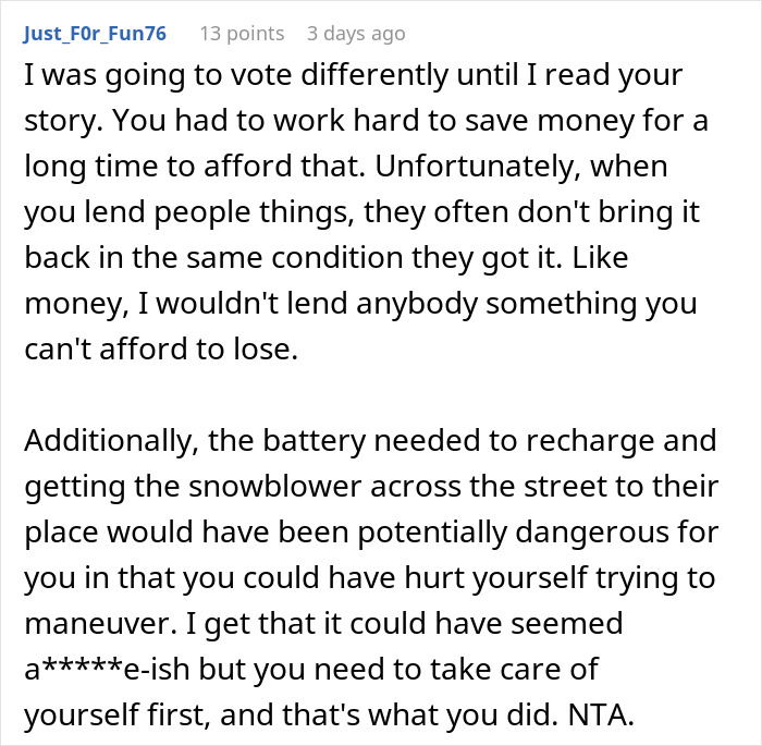 Comment explaining why a woman refuses to lend her new snow blower to a neighbor she never met before.