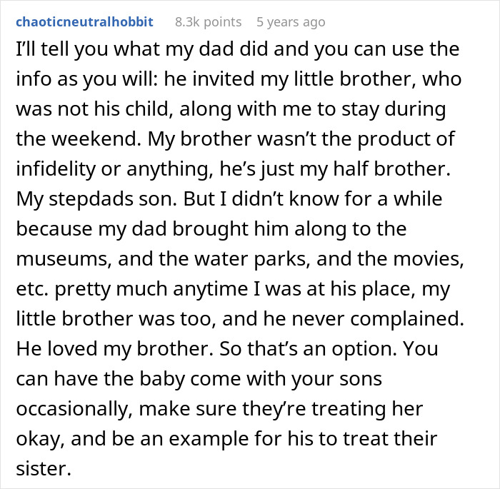Text post discussing a family secret involving a wife, newborn child, and fear of divorce after revealing a hidden truth.