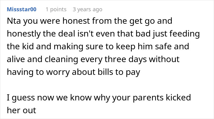 Comment discussing woman refusing to house sister after she refuses to babysit and clean, highlighting child-free lifestyle reasons.