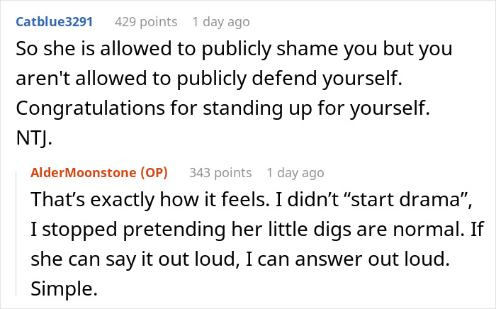 Reddit comments showing a woman standing up to her mother-in-law after public shaming, making MIL cry.