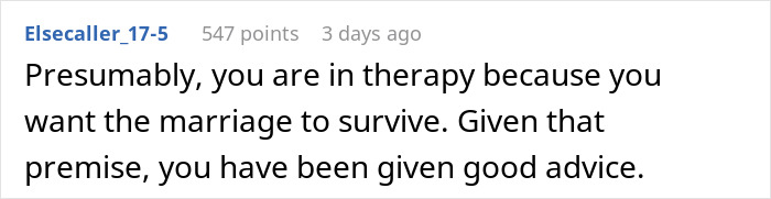 Screenshot of an internet comment offering advice to a woman in therapy about her cheating husband and marriage.