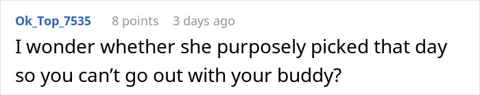 Comment discussing a woman volunteering her boyfriend for free labor and his refusal, causing tension and insult.