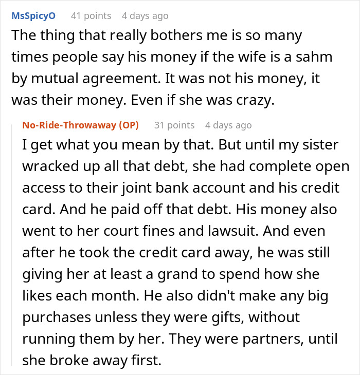 Reddit conversation showing a woman going berserk on brother for meddling with her parenting when her kids called him for help.