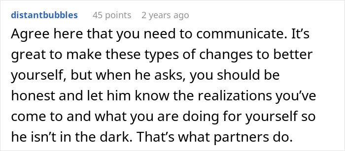 Screenshot of a Reddit comment emphasizing communication when a man takes advantage of wife&rsquo;s submissive nature issues.