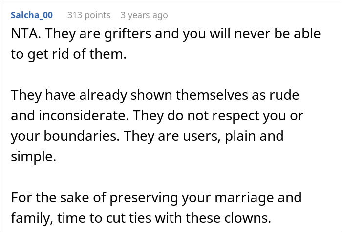 Reddit comment discussing a woman fed up with in-laws constantly showing up unannounced and boundaries being disrespected.