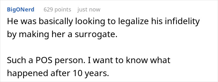 Comment discussing a husband’s controversial baby-making plan upsetting his infertile wife online.