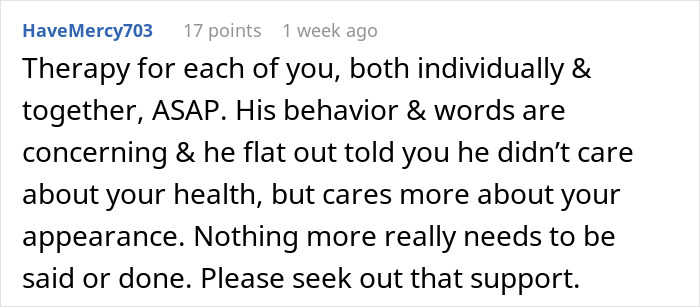 Text comment about a cruel man pressuring his wife to use prescription meds to lose weight after having a baby.