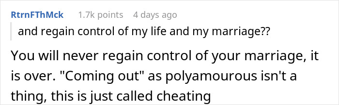 Screenshot of a Reddit comment discussing a man in a poly relationship and concerns about a depressed wife and marriage control.
