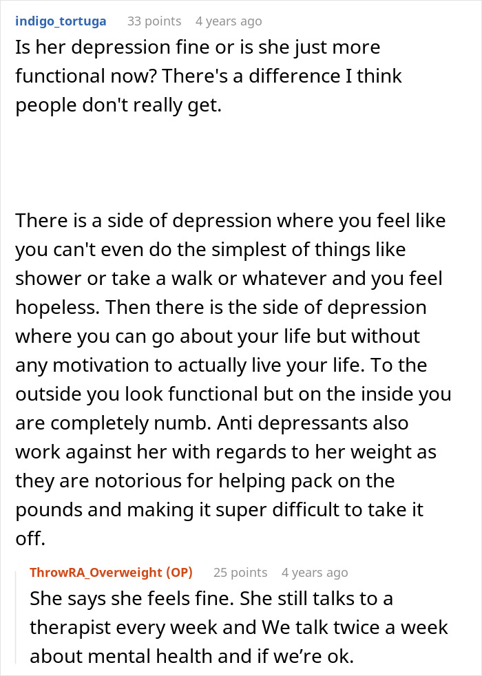 Text comments discussing a husband struggling to accept his wife's weight gain linked to depression and antidepressants effects.