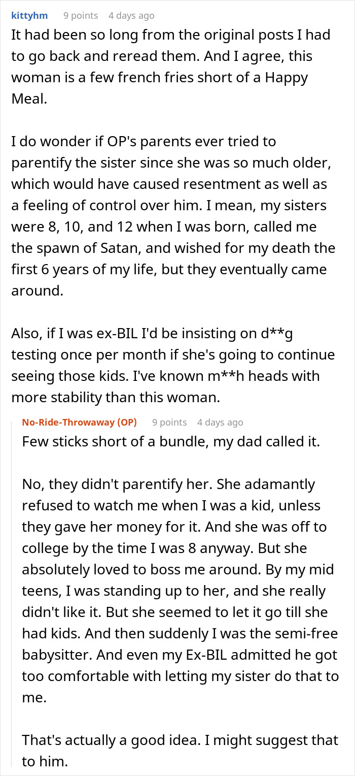 Online discussion thread with users debating family conflicts involving parenting and sibling meddling in a text-based forum.