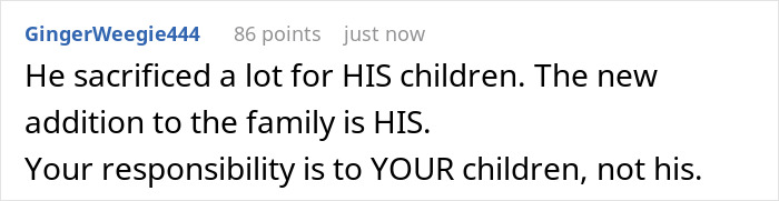 Comment from GingerWeegie444 discussing a dad&rsquo;s surprise baby news and his kids refusing to help raise the child.