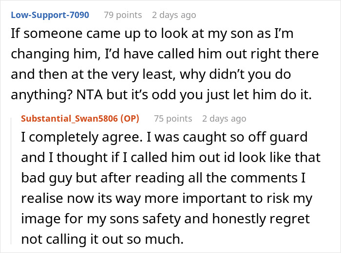 Reddit discussion about a mom laughing off creepy comment while dad prioritizes baby&rsquo;s safety near others.