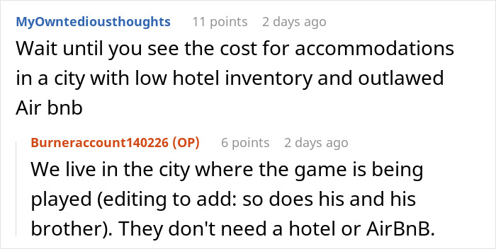 Reddit conversation about jobless spouse draining emergency fund on essential World Cup expenses and high city accommodation costs.