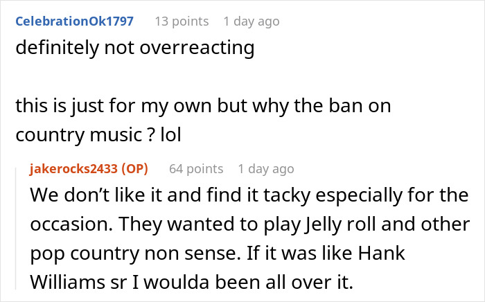 Screenshot of a Reddit conversation about parents forcing beer and banning country music at a wedding causing upset.