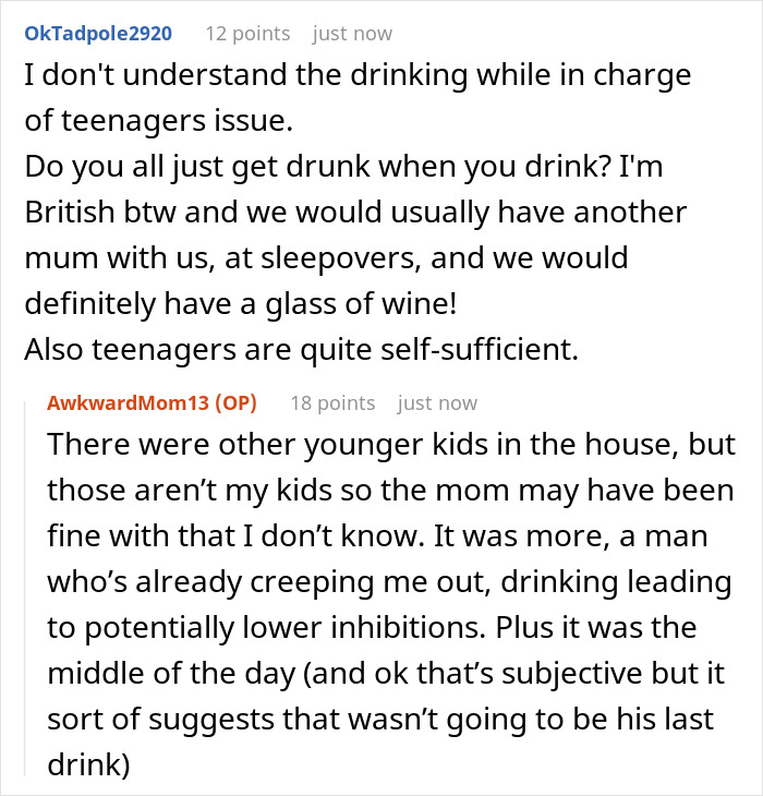Screenshot of online discussion about a mom pulling the plug on sleepover after daughter’s friend’s dad gives creepy vibes.