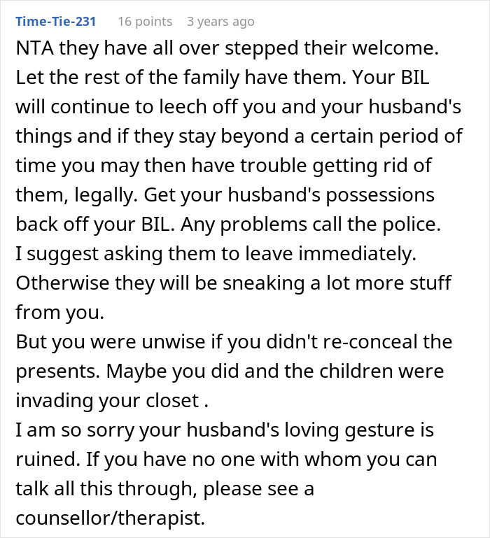 Comment discussing woman kicking late husband's brother and kids out for using his clothes and belongings without permission.