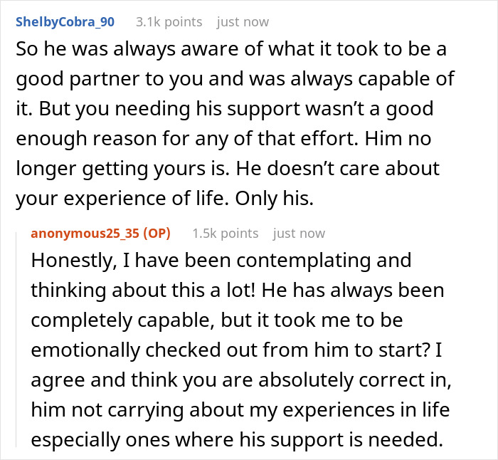 Screenshot of a Reddit conversation about a wife realizing lack of comfort from husband and responding with same effort. Screenshot of a Reddit conversation about a wife realizing lack of comfort from husband and responding with same effort.