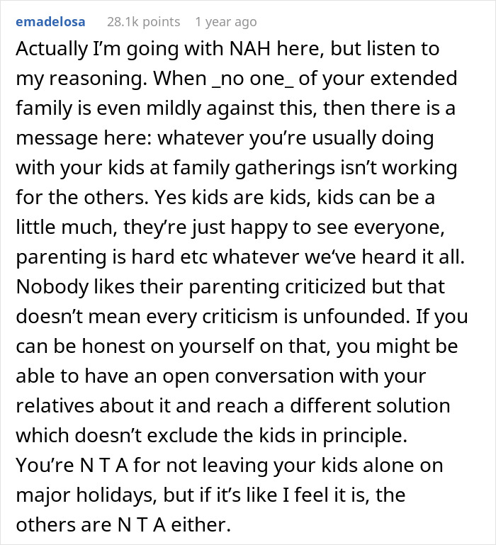 Comment discussing family dynamics and feelings about no kids allowed in home, with brother feeling targeted.
