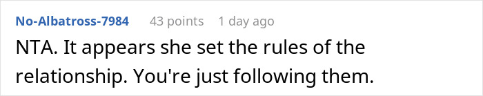 Screenshot of a forum comment stating she set relationship rules and others are just following them in a family favor conflict.