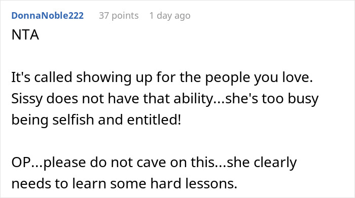 Screenshot of a forum comment discussing a woman who asks for favors but does not reciprocate when family needs help.