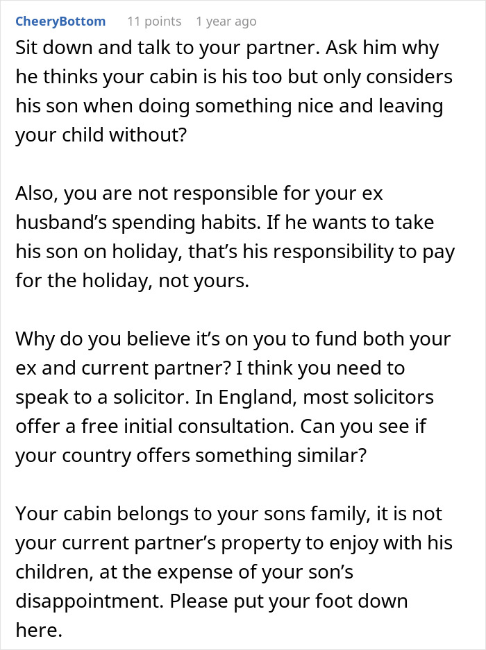 Comment discussing partner conflicts over ski pass finances, responsibility, and seeking legal advice for family disputes.