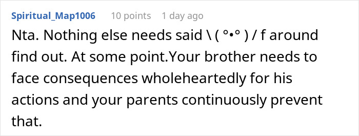 Comment discussing consequences of parents' favoritism affecting sibling behavior and accountability in family dynamics.