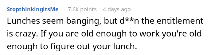Comment highlighting entitlement over coworkers not picking up lunches, sparking a heated reaction and police involvement.