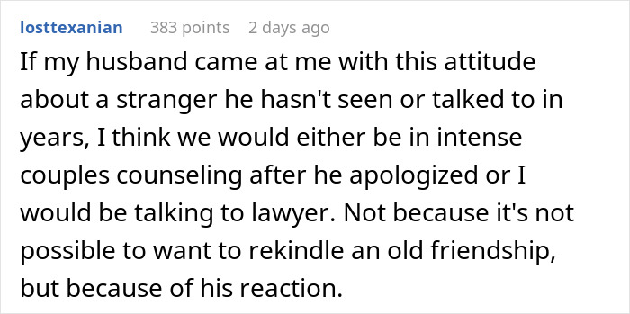 Alt text: Screenshot of a comment discussing a married man texting a woman he loved 15 years ago and its impact on his wife