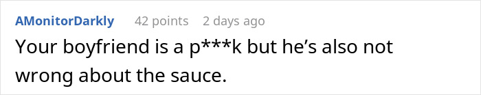 Screenshot of an online comment discussing a boyfriend&rsquo;s reaction to inedible food brought by a woman to support him in mourning.