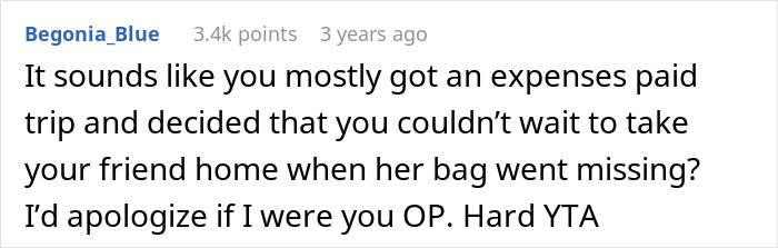 Screenshot of a Reddit comment discussing a woman ditching her friend at the airport after her carry-on went missing.