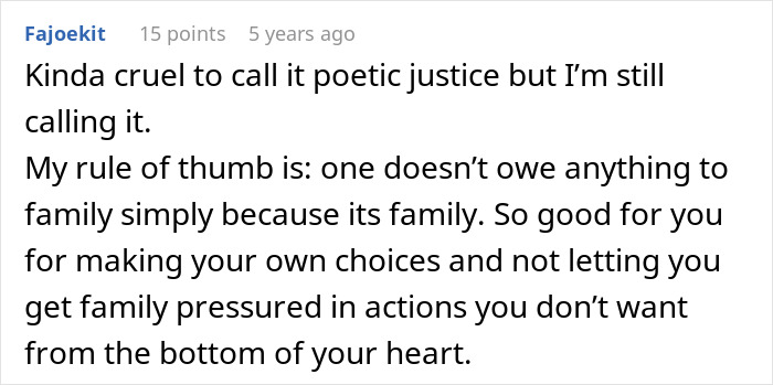 Comment on a forum discussing a man refusing a kidney donation to family after past mistreatment, highlighting boundaries and choices.