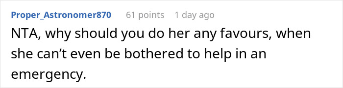 Screenshot of a forum comment discussing a woman who asks for favors but doesn&rsquo;t reciprocate when family needs help.