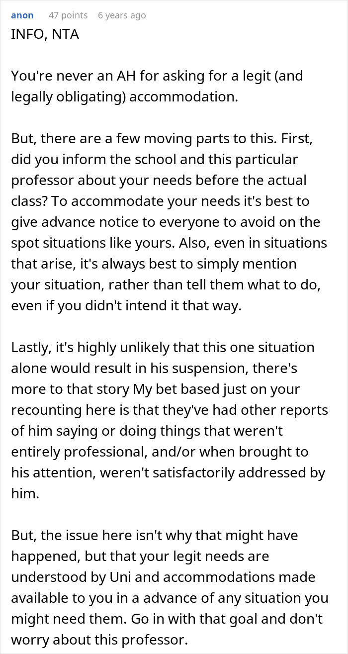 Comment discussing a colorblind student&rsquo;s special needs accommodation and professor suspension misunderstanding.