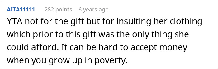 Comment about man feeling embarrassed by girlfriend&rsquo;s style linked to her childhood trauma and poverty background.