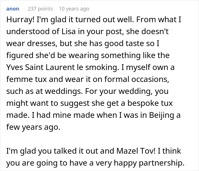 Comment discussing a girlfriend refusing to wear dresses for weddings, suggesting tuxedos as a stylish alternative.