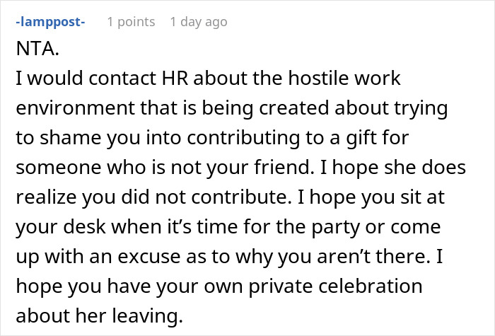 Reddit comment discussing refusal to contribute $50 to a coworker's retirement gift in a hostile work environment.