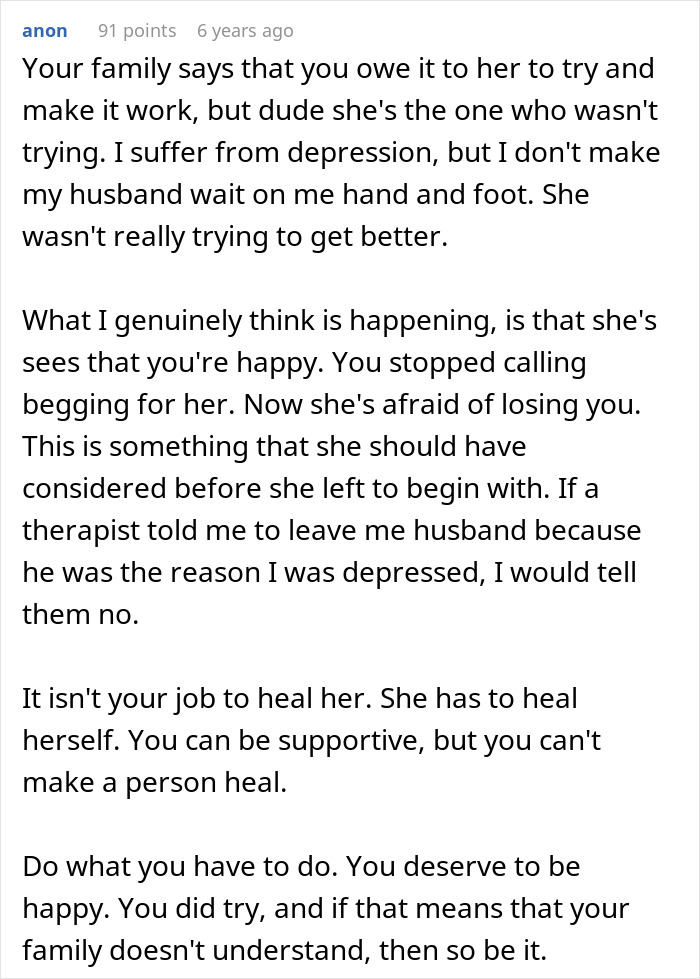 Comment discussing a man giving his wife a second chance and the complexities of healing in relationships.