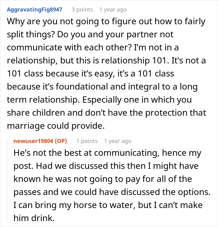 Reddit conversation showing woman panics after partner who makes 5x her salary leaves son without a ski pass.