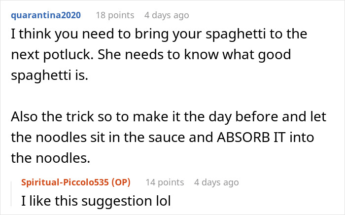 Screenshot of an online discussion about a woman pushing back when MIL claims she knows husband better, focused on pasta advice.