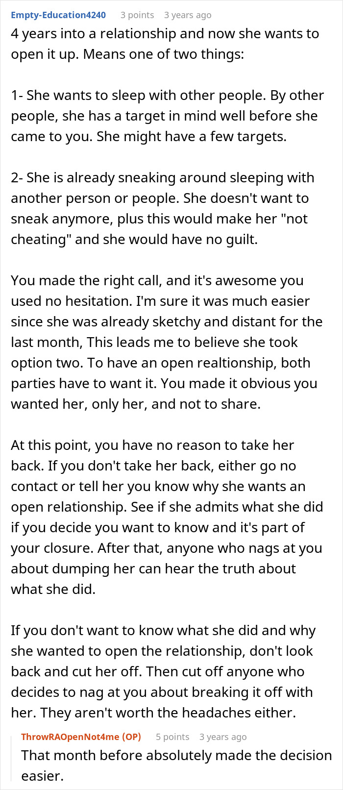 Comment explaining reasons a woman suggests an open relationship leading to breakup and regret to take her back.