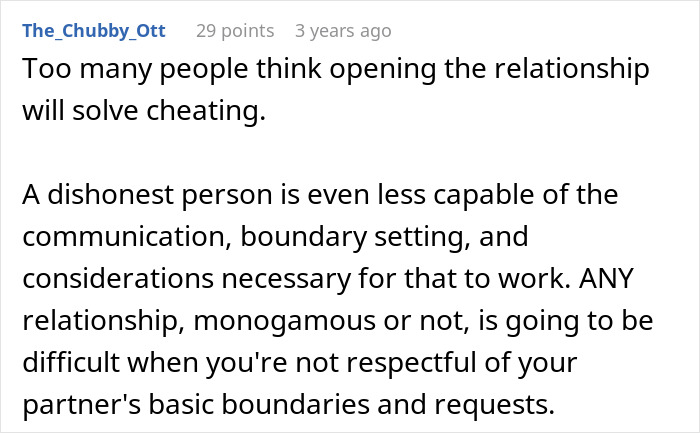 Comment discussing challenges of opening a relationship and importance of communication and boundaries in relationships.