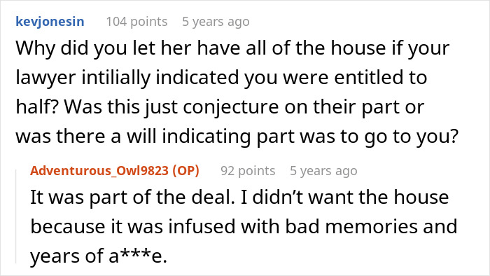 Reddit conversation showing a user discussing inheritance dispute and bad memories linked to a late husband's estate.