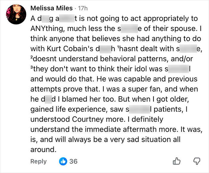 Social media comment discussing Courtney Love's reaction to Kurt Cobain homicide claim with emotional reflections.