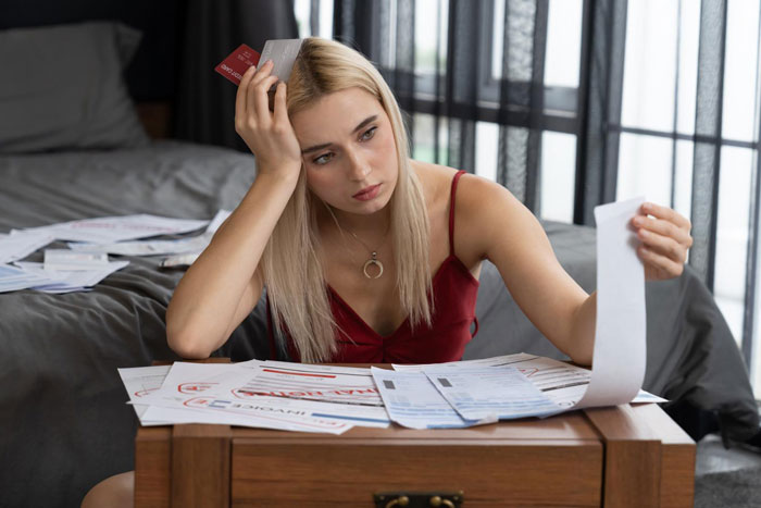 Young woman holding a credit card looking stressed while reviewing bills and documents at home involving cousin card fraud.