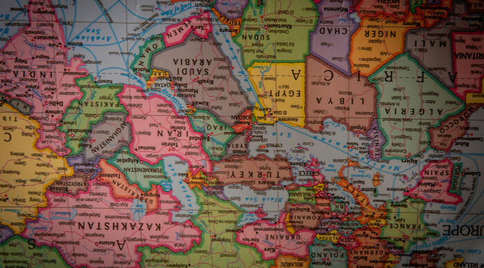 Colorful map showing European, Middle Eastern, and North African countries, challenging geography skills with 34 country names.