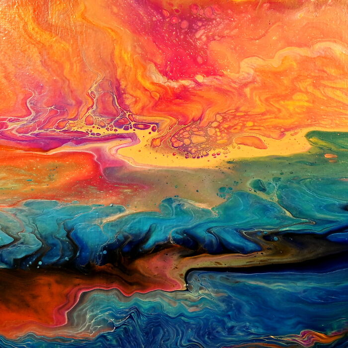 Split Cup Acrylic Pouring Technique Creates Beautiful Sunset Paintings