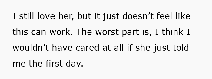 Text on a white background stating emotional struggle after GF quits her job but pretends to go to work, BF mortified six months later.