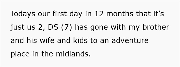 Text screenshot showing a message about a first day alone after 12 months, with a boy visiting family for an adventure.