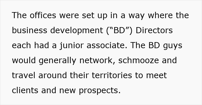 Office setup showing business development directors and junior associates networking and meeting clients in their territories.
